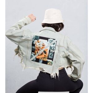 Distressed Light Blue NOT IN THE MOOD Crop Denim Jacket